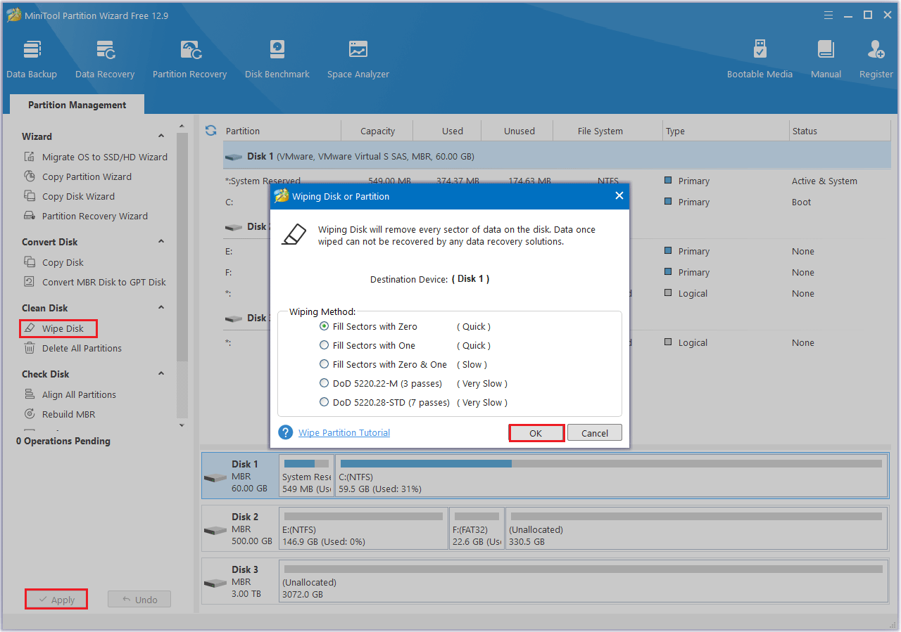 wipe disk in MiniTool Partition Wizard