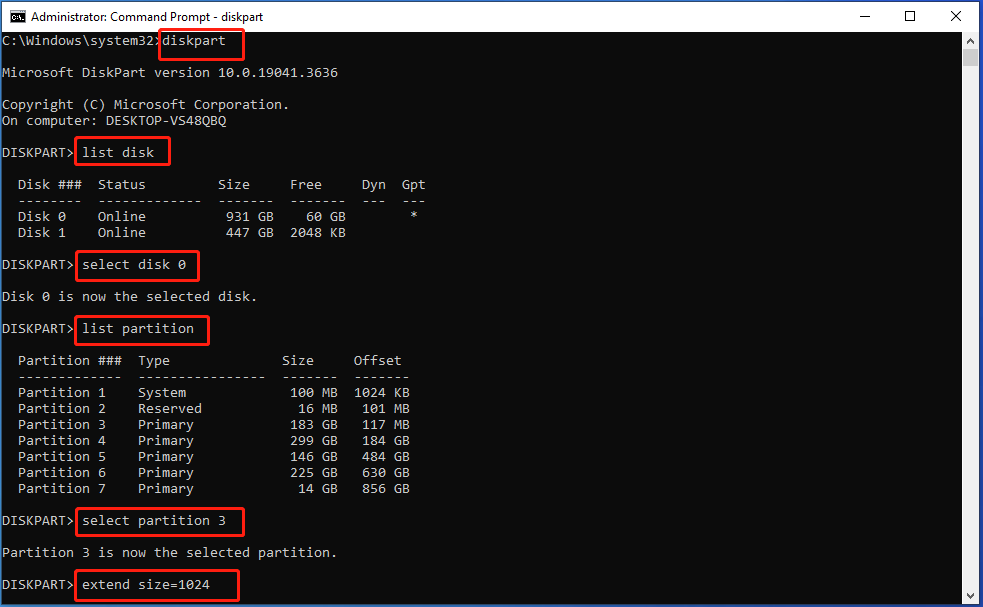 run commands to extend partitions
