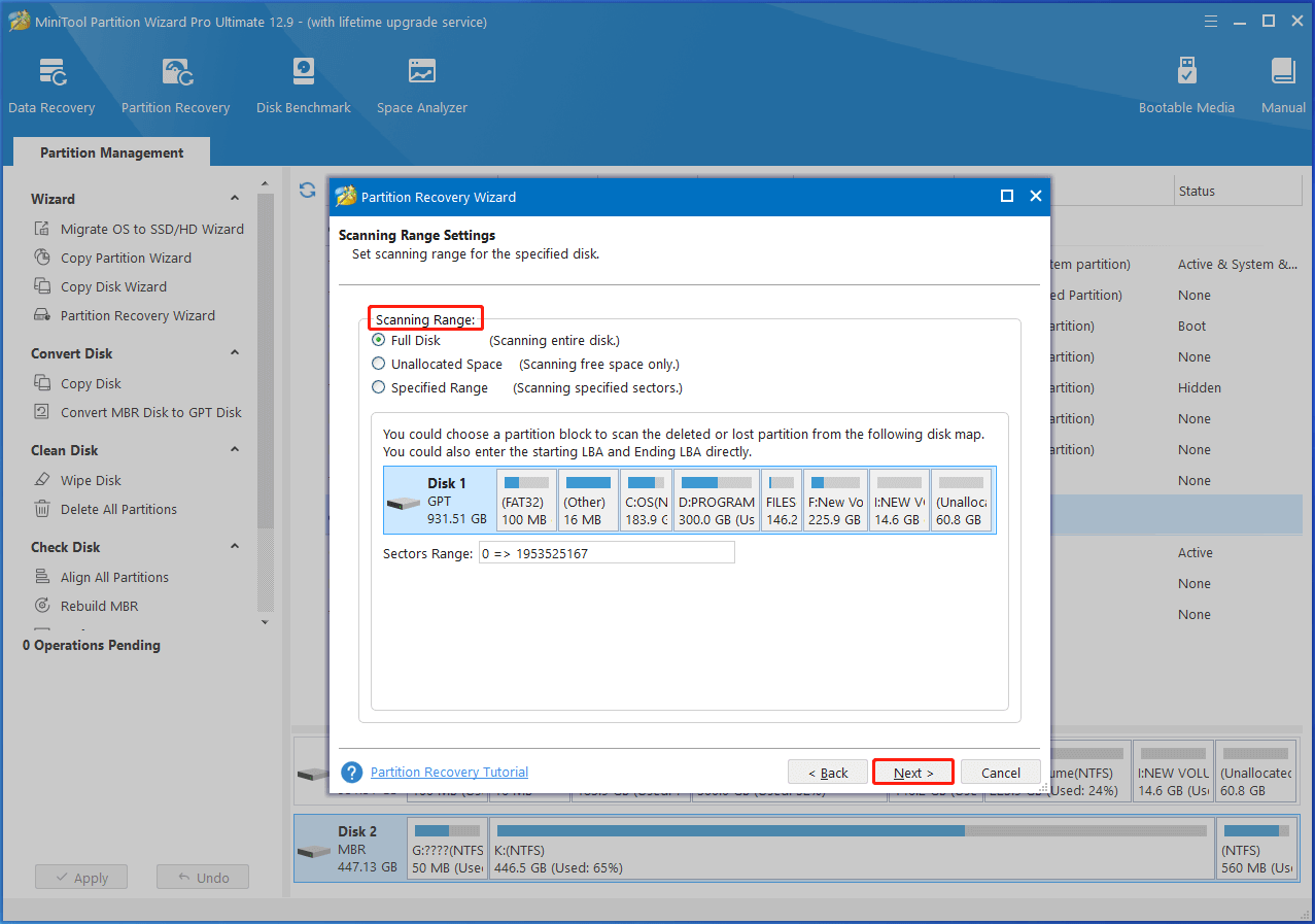 choose a range to let Partition Magic scan for lost partitions