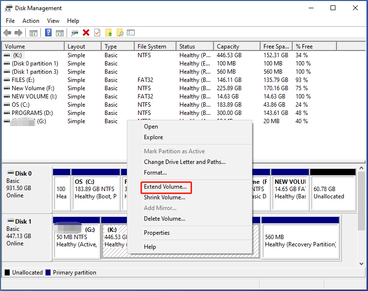 right-click the target partition and navigate to Extend Volume