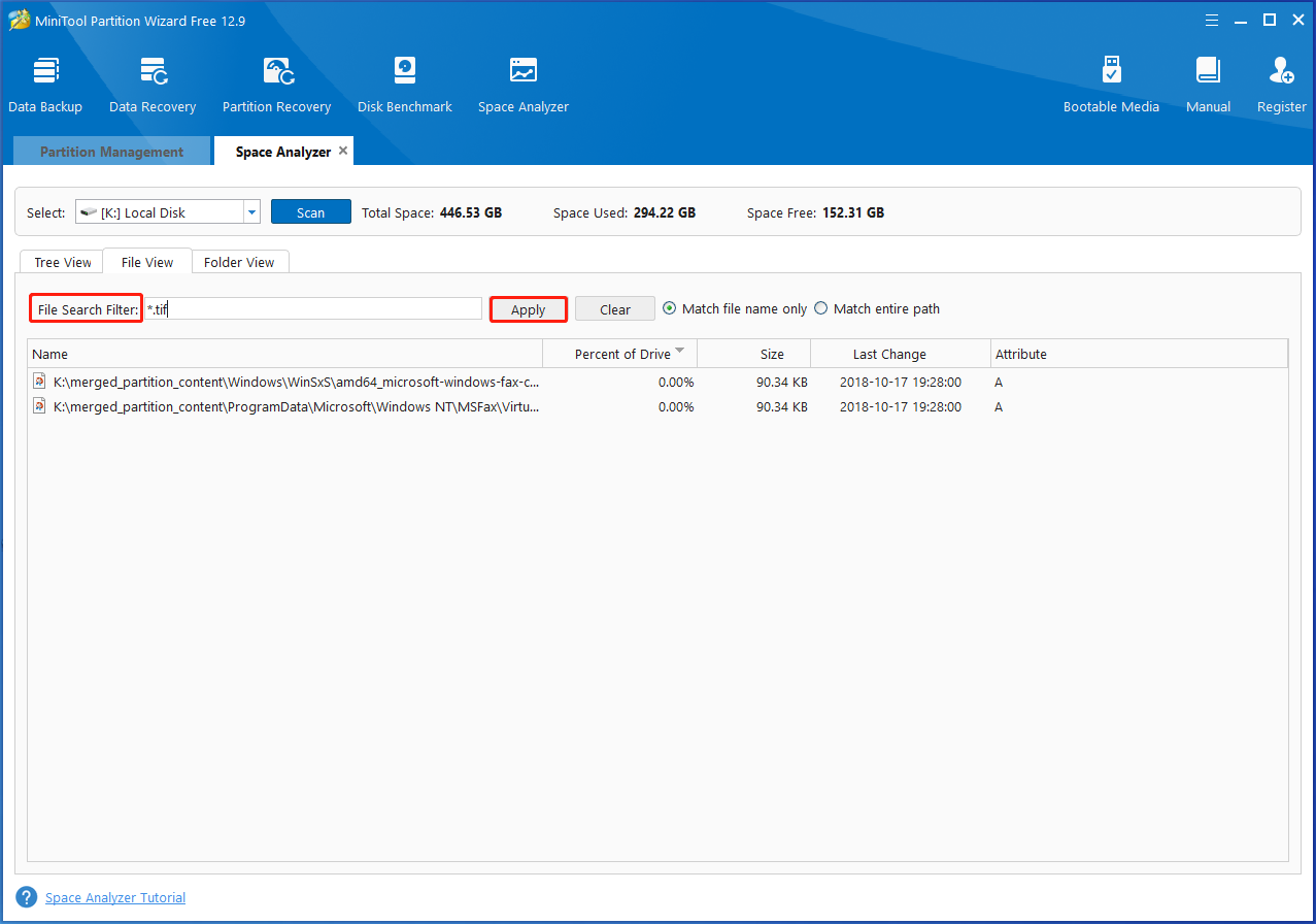 find the space usage of a certain file type via Partition Magic