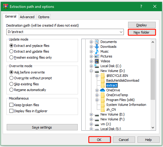 extract the file to another location in WinRAR