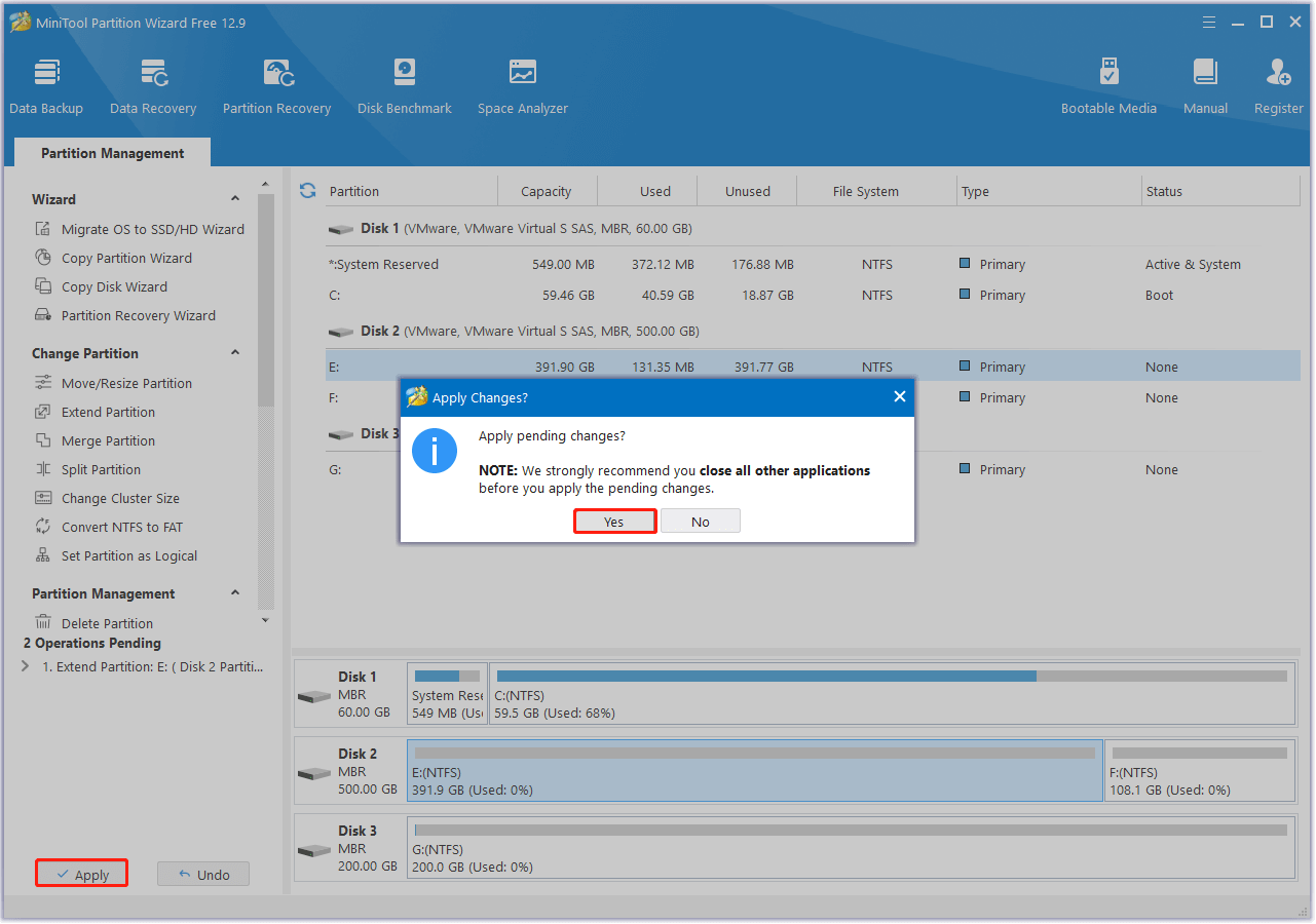 click Apply and Yes sequentially to apply pending operations