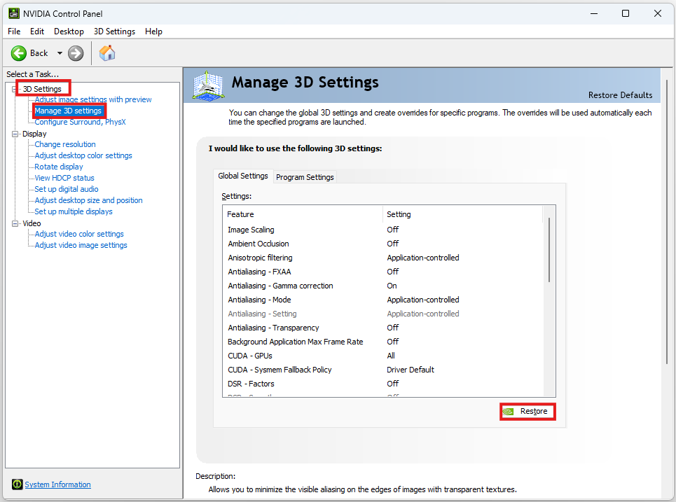Reset NVIDIA Settings to Default