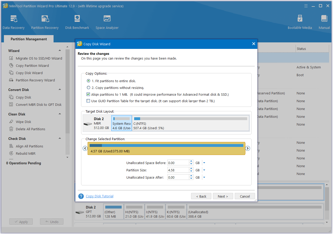 clone a hard drive via MiniTool Partition Wizard
