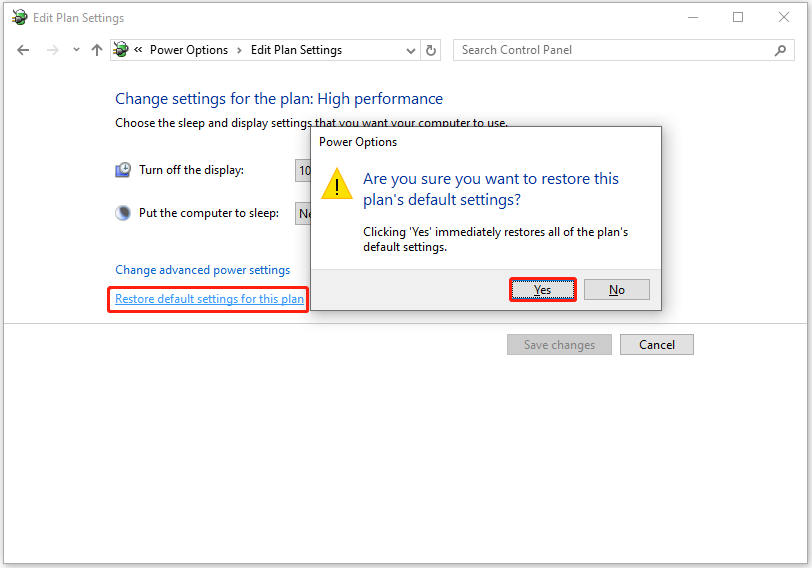 restore the power settings to default
