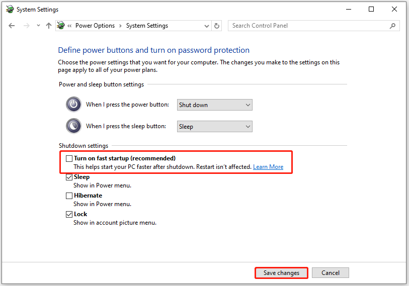 disable Fast startup