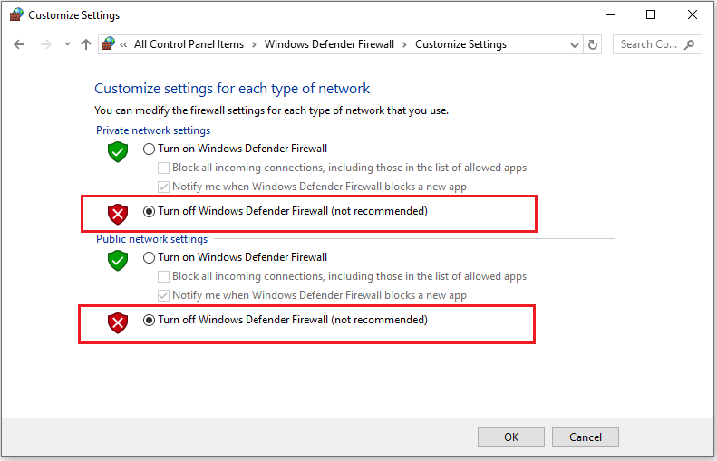 Turn off Windows Defender Firewall (not recommended) option