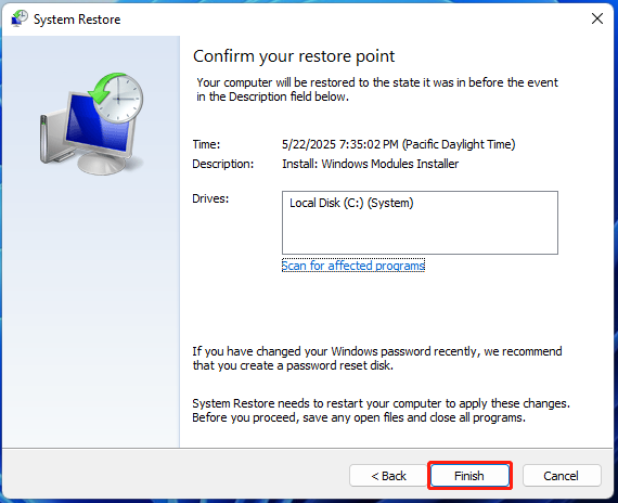 confirm system restore point