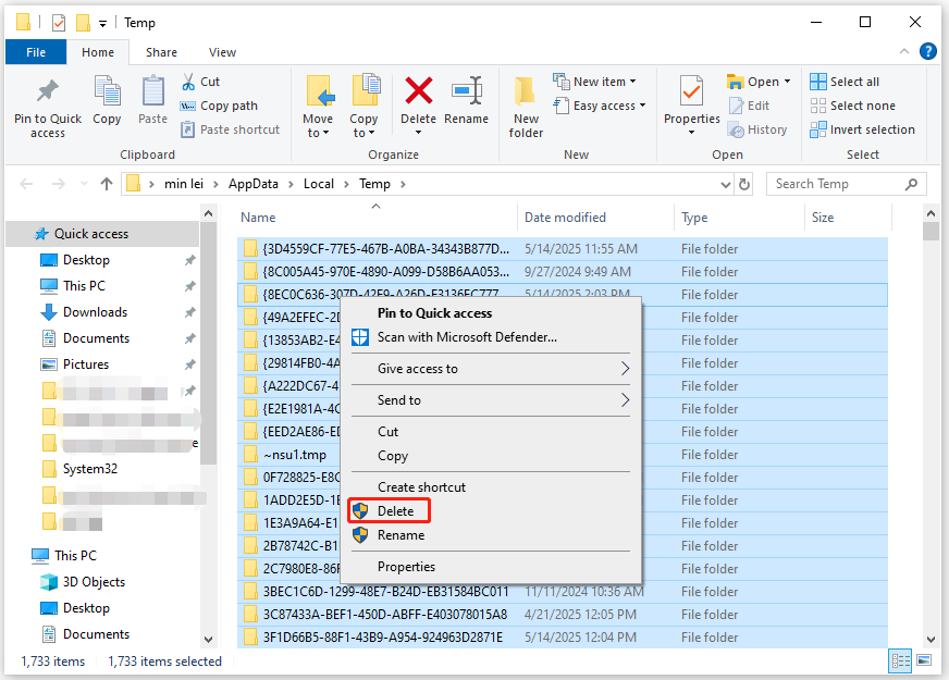 delete files in the Temp folder