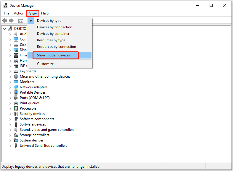 click Show hidden devices in Device Manager