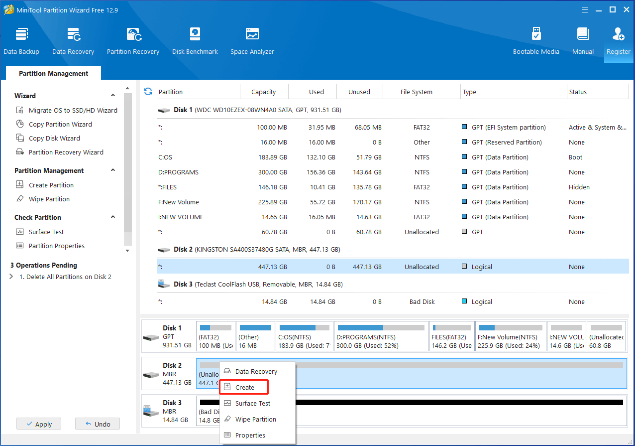 create a partition upon unallocated space in Partition Magic