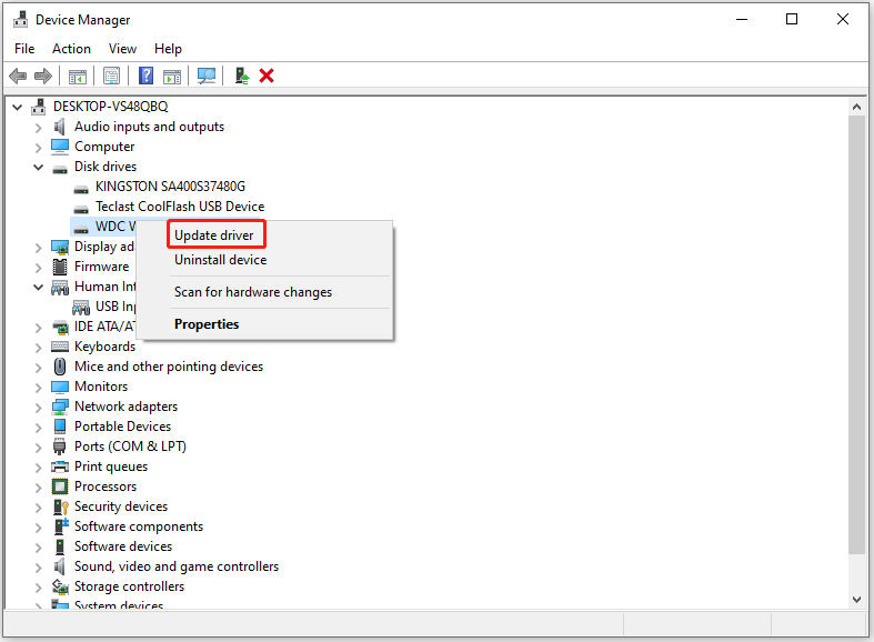 update the external hard disk driver