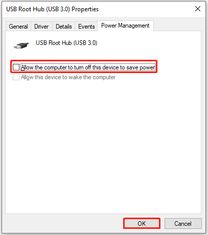 untick Allow the computer to turn off this device to save power option
