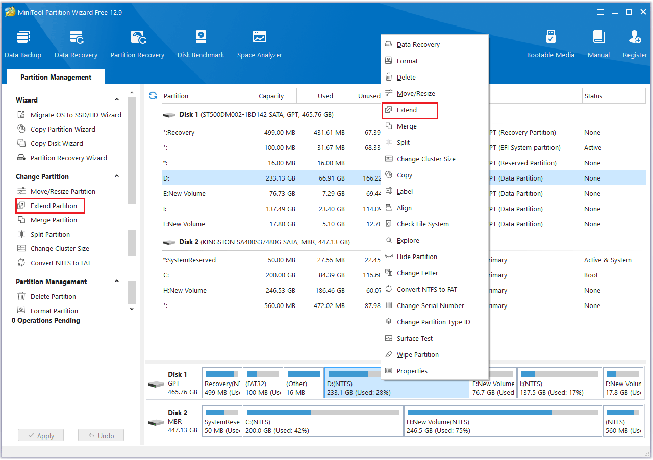 click the Extend feature in MiniTool Partition Wizard