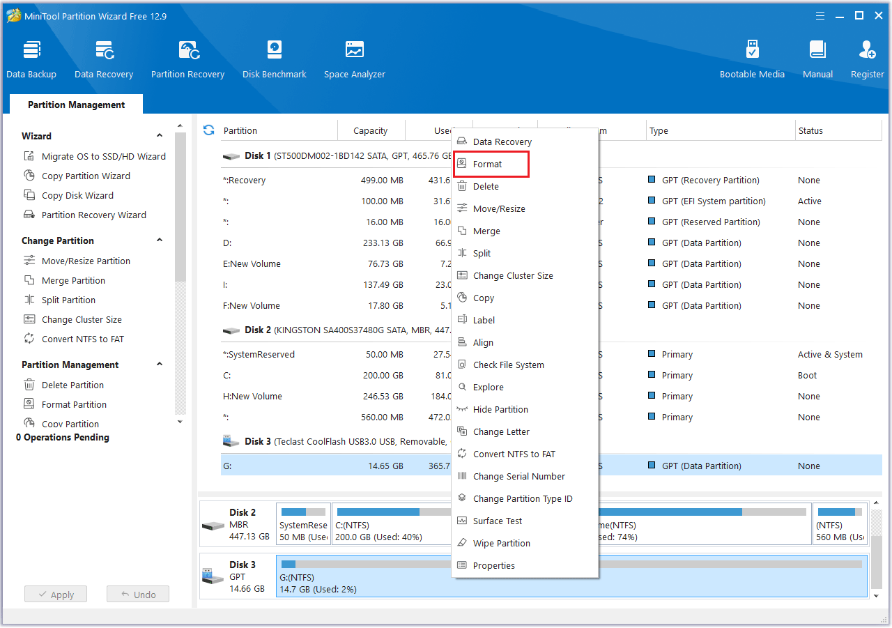 click Format in MiniTool Partition Wizard