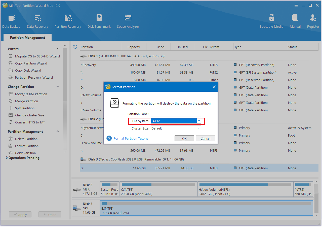choose Fat32 file system in MiniTool Partition Wizard