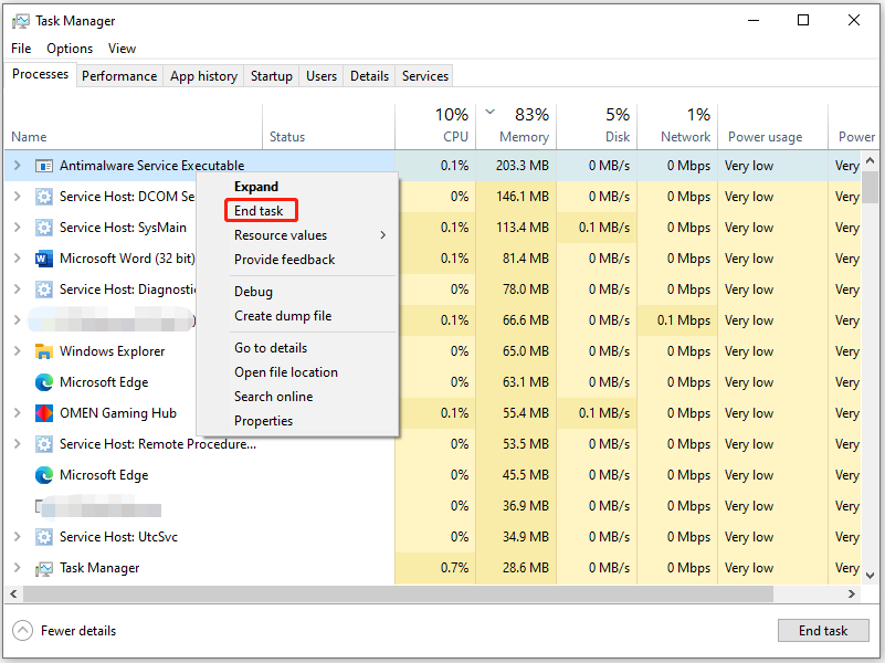 close CPU consuming processes in Task Manager