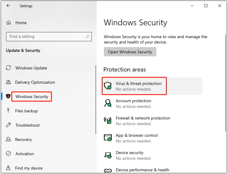 locate Virus and threat protection