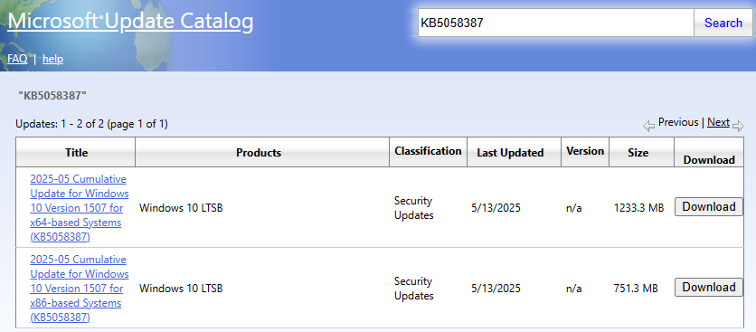 the KB5058387 download interface