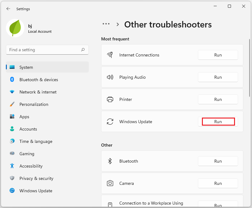 run the Windows update troubleshooter