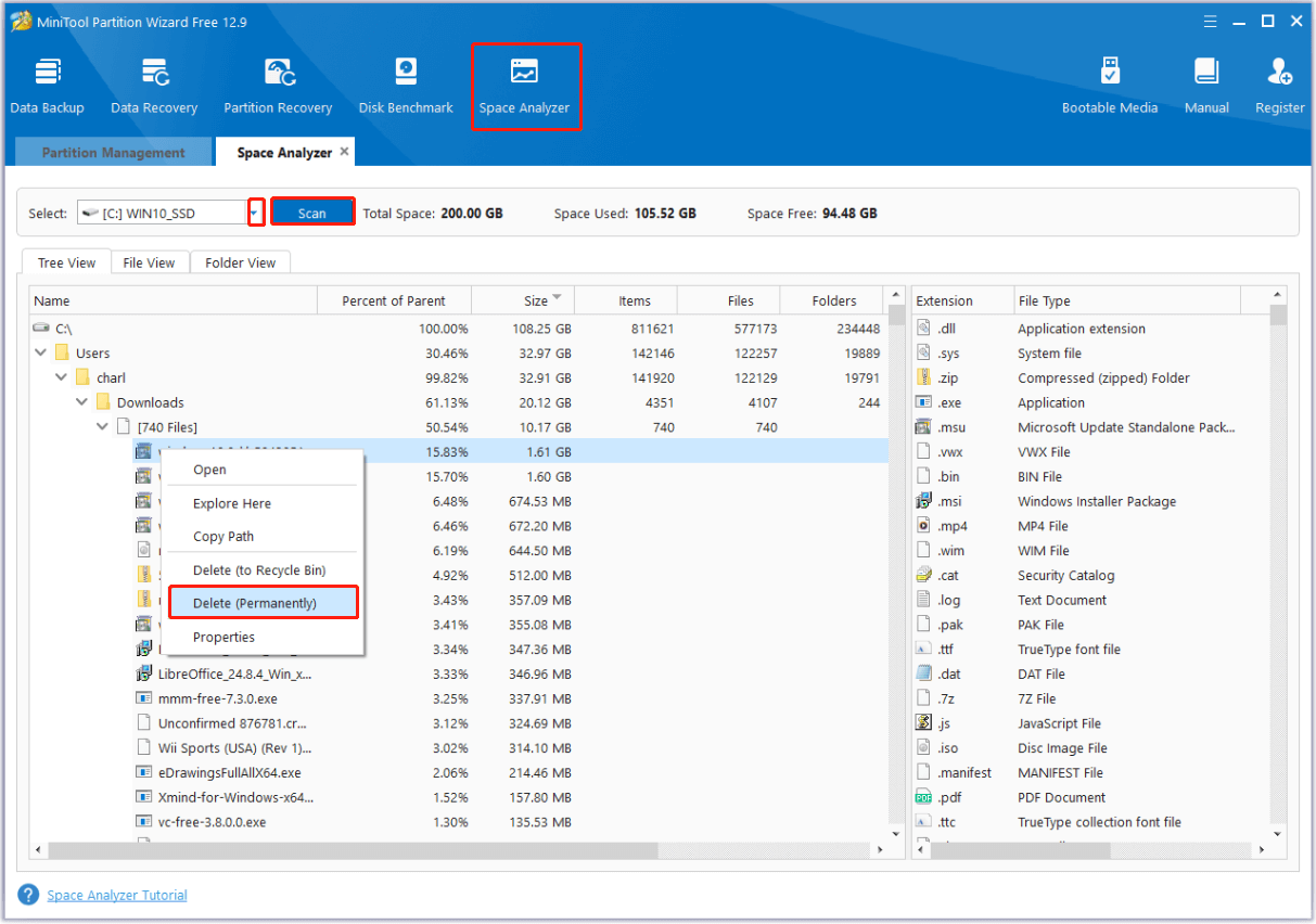 click Delete (Permanently) in MiniTool Partition Wizard