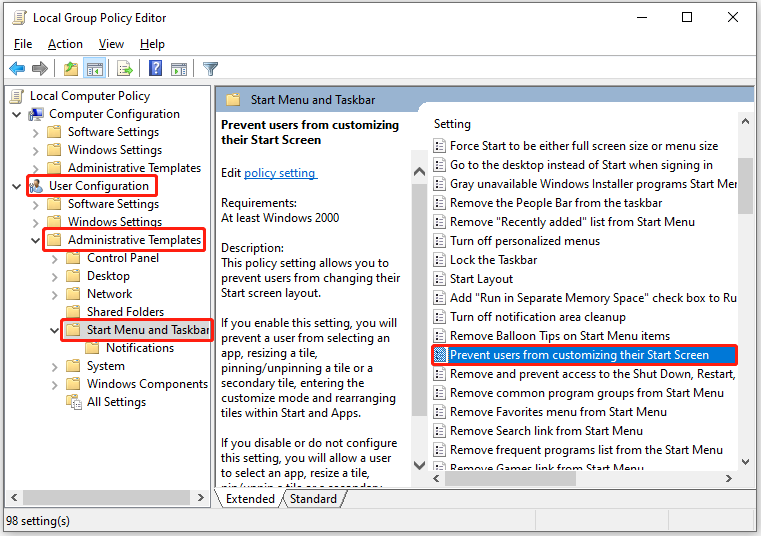 locate Prevent users from customizing their Start Screen