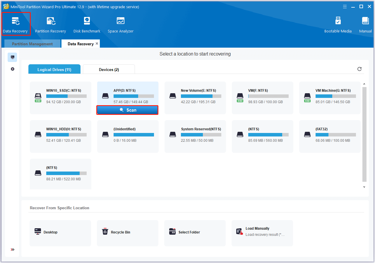 choose the target partition and click Scan