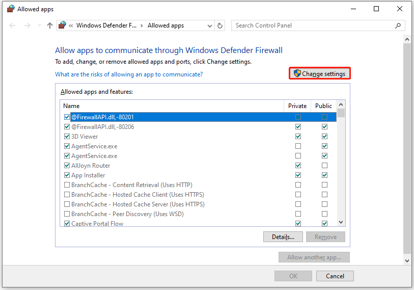 click Change settings in Allowed apps window