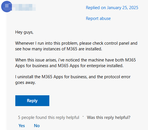 a user report from Microsoft