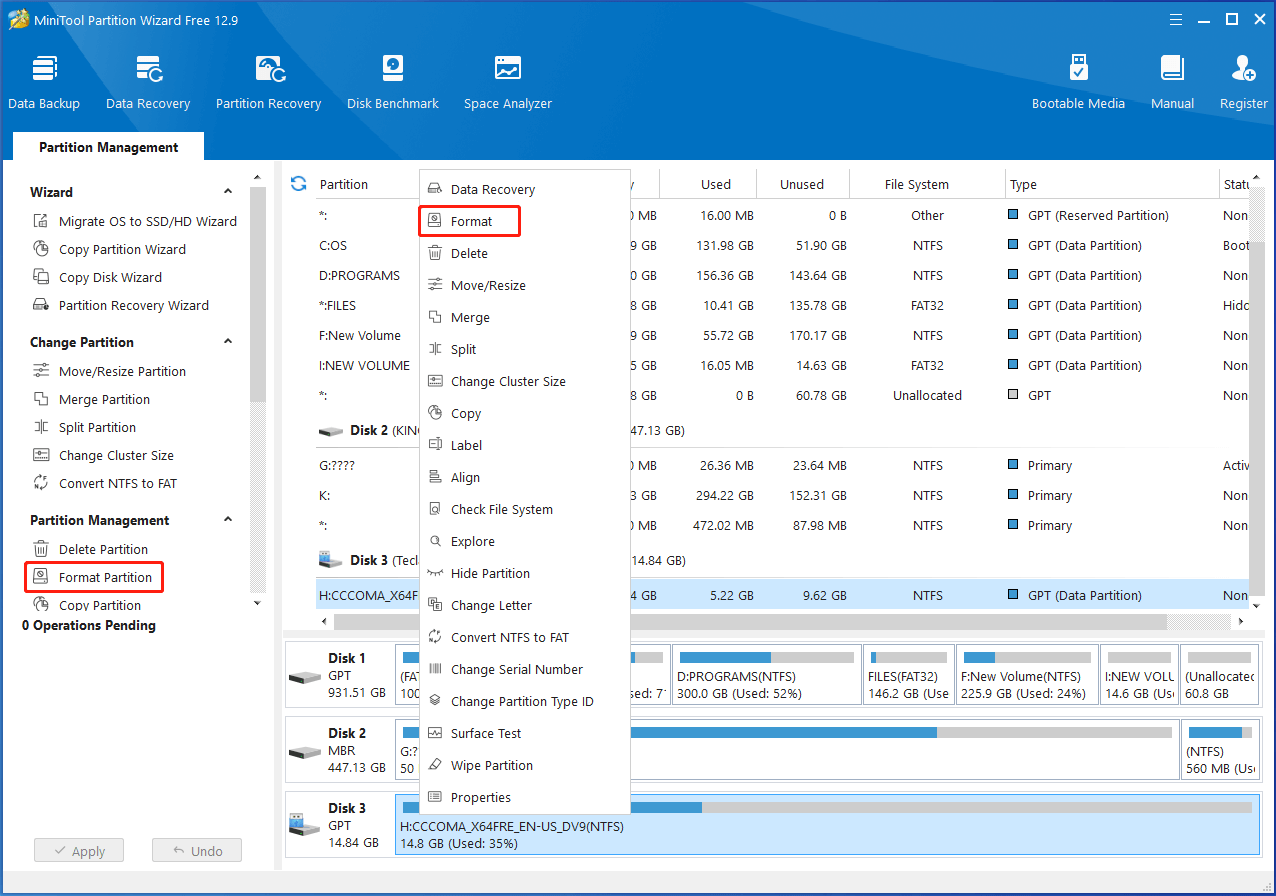 choose the target drive and pick the format option in Partition Magic