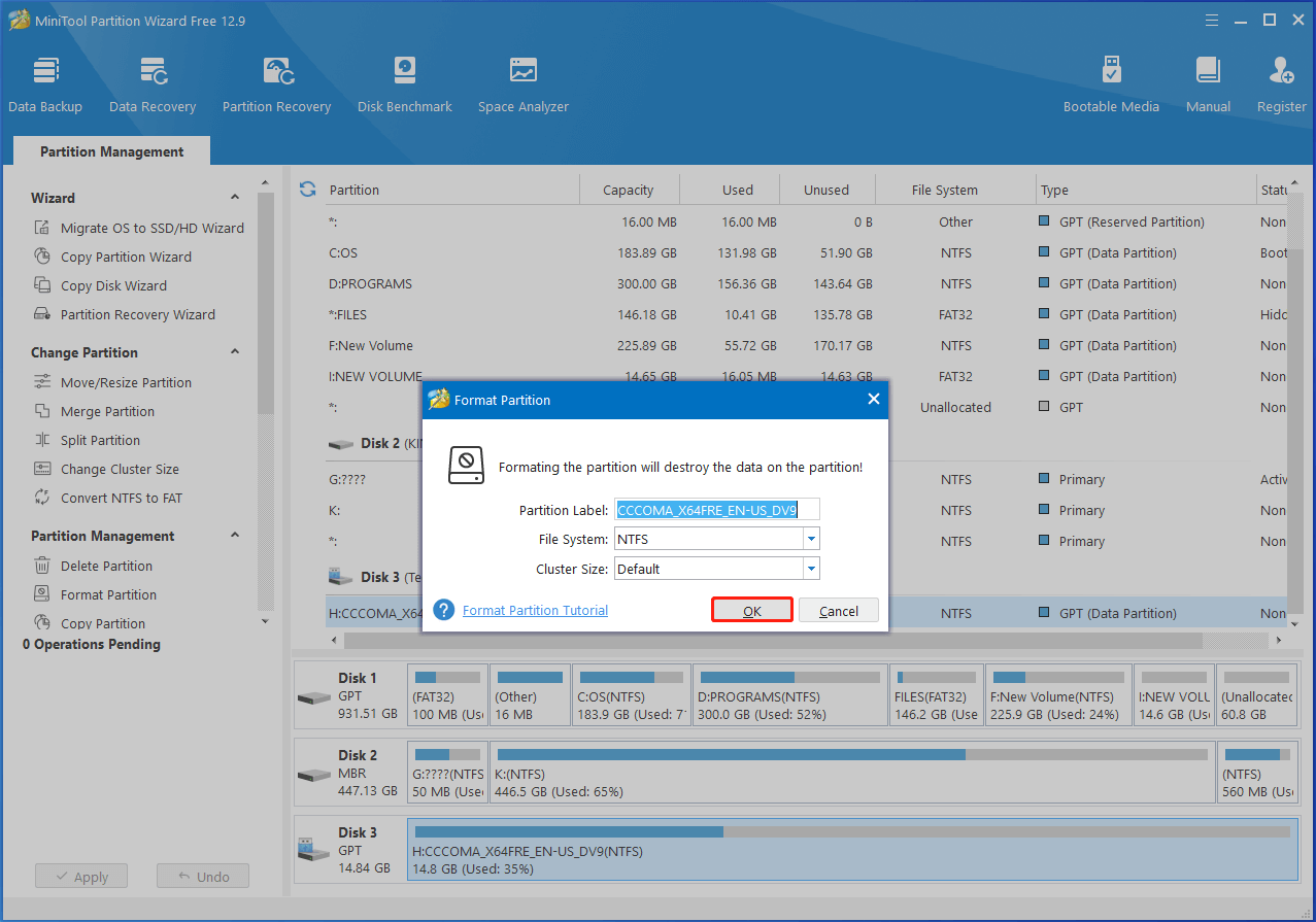 configure settings and save changes within Partition Magic