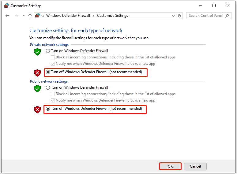 Turn off Windows Defender Firewall and save changes
