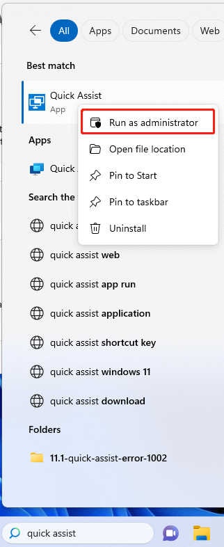 run Quick Assist as an admin