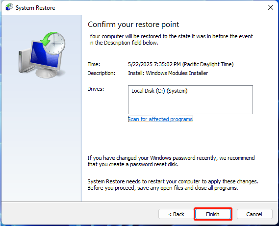 confirm system restore