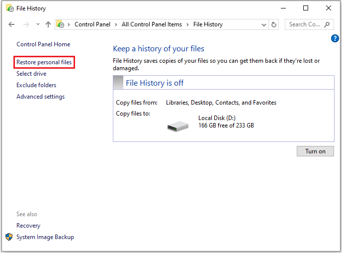click Restore personal files