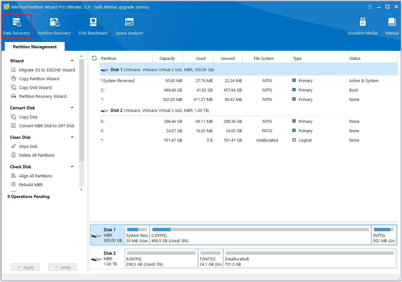 click Data Recovery in MiniTool Partition Wizard