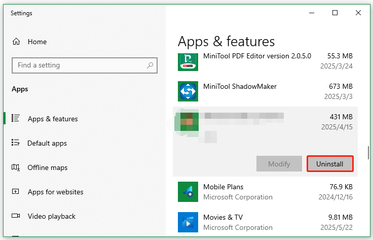 uninstall software in Settings