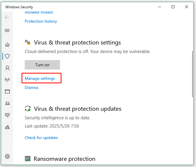 click Manage Settings in Windows Security