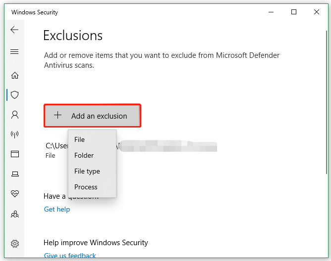 click Add an exclusion