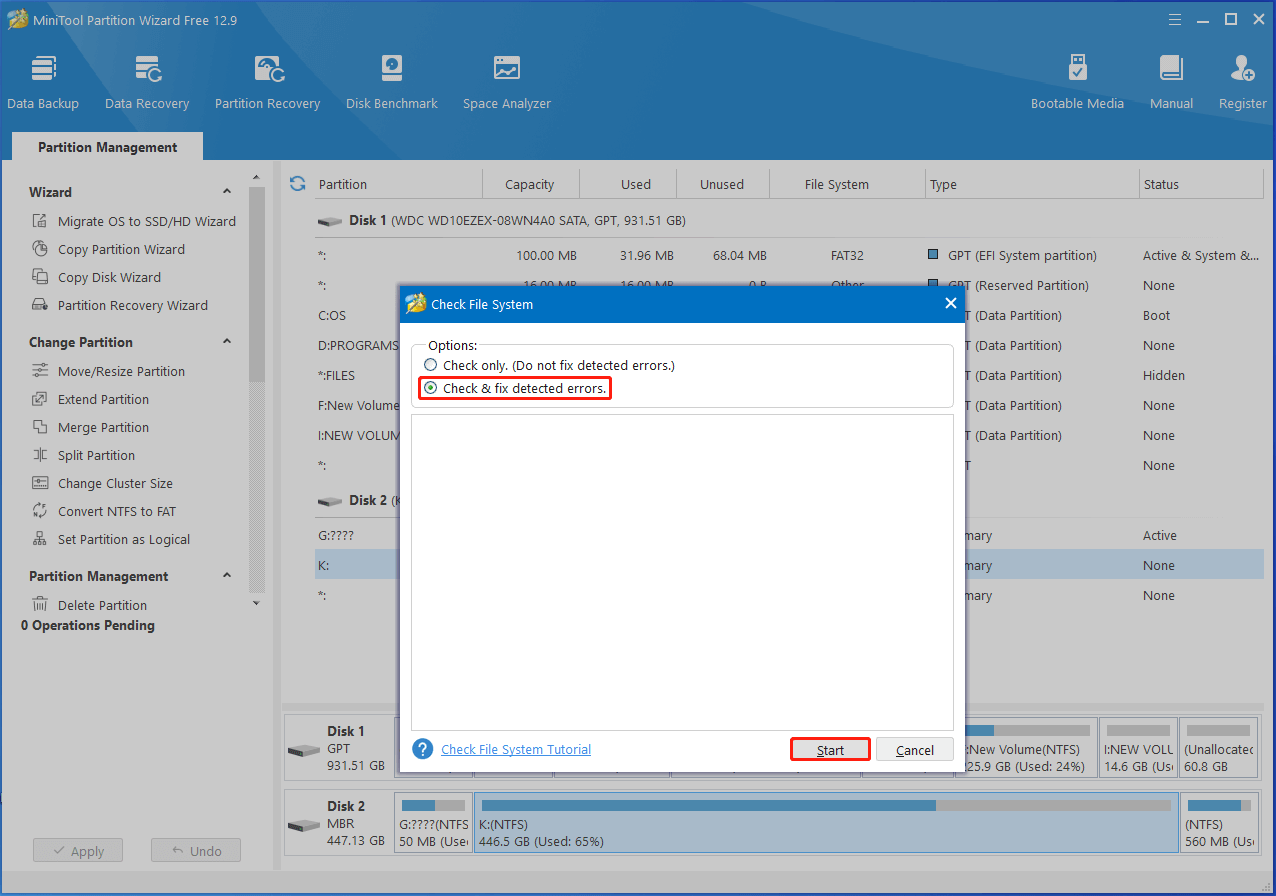 choose an option and click Start in Partition Magic