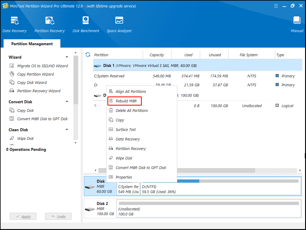 choose the target disk and hit Rebuild MBR in Partition Magic