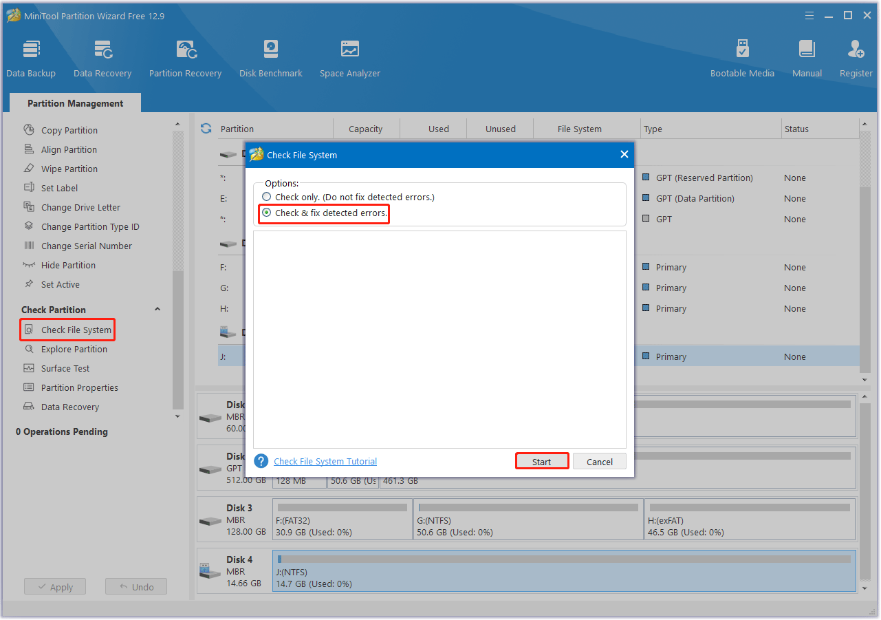 check the file system errors using MiniTool Partition Wizard