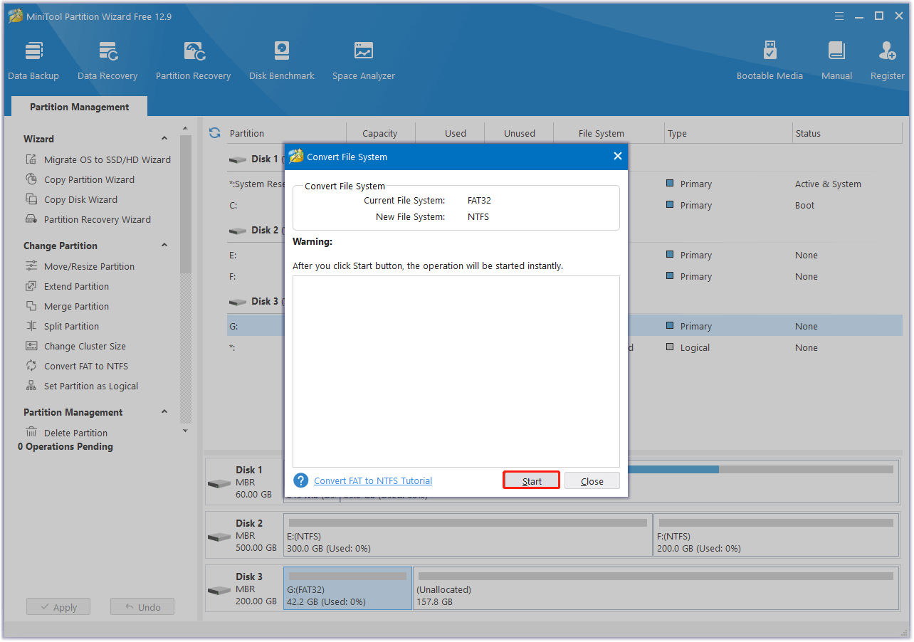 click Start to convert FAT32 to NTFS