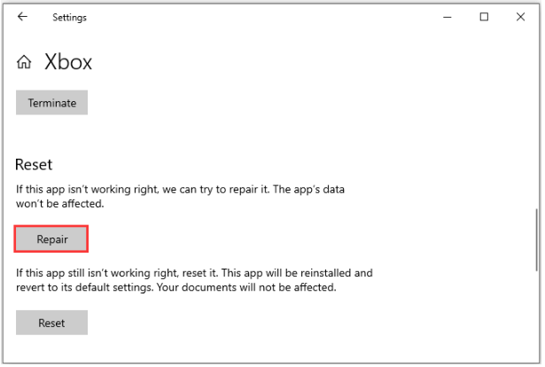 repair Xbox app