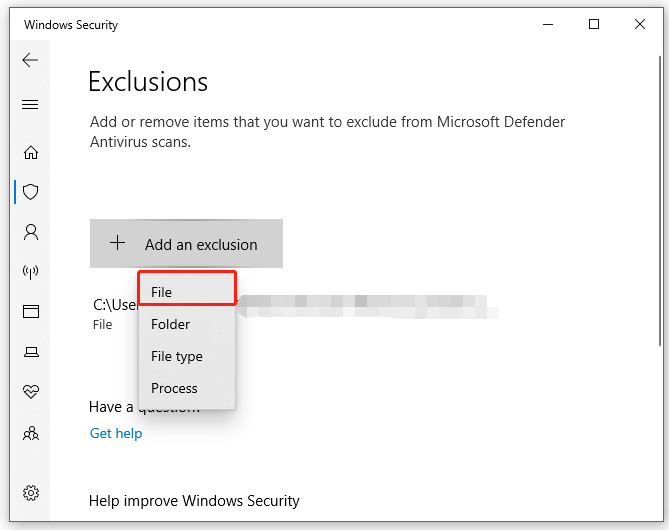add file exclusion to Windows Defender