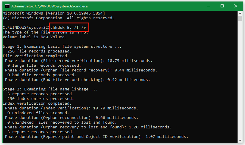 run chkdsk in Command Prompt