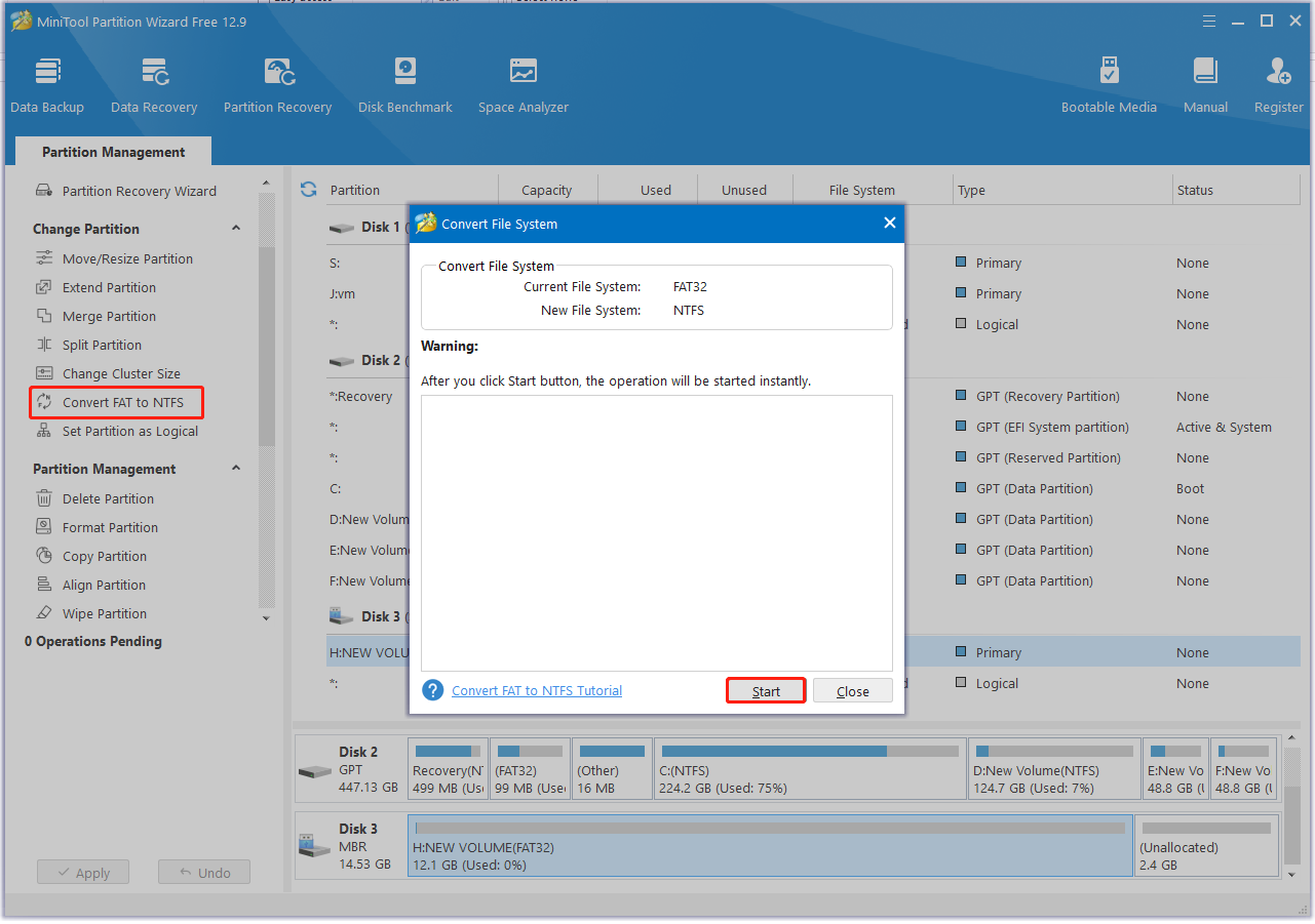 convert FAT32 to NTFS using Partition Magic