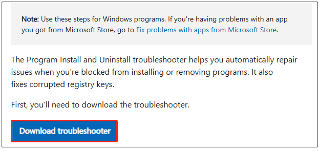 download Program Install and Uninstall troubleshooter