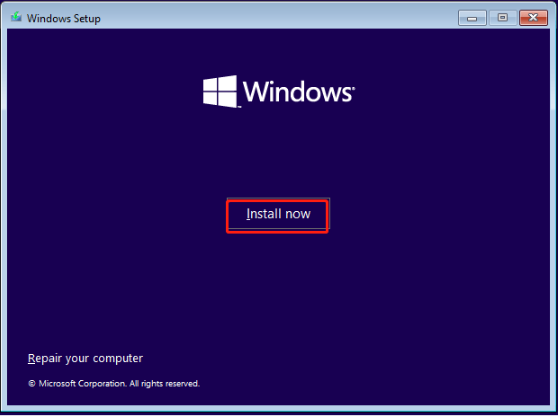 click Install now on Windows Setup